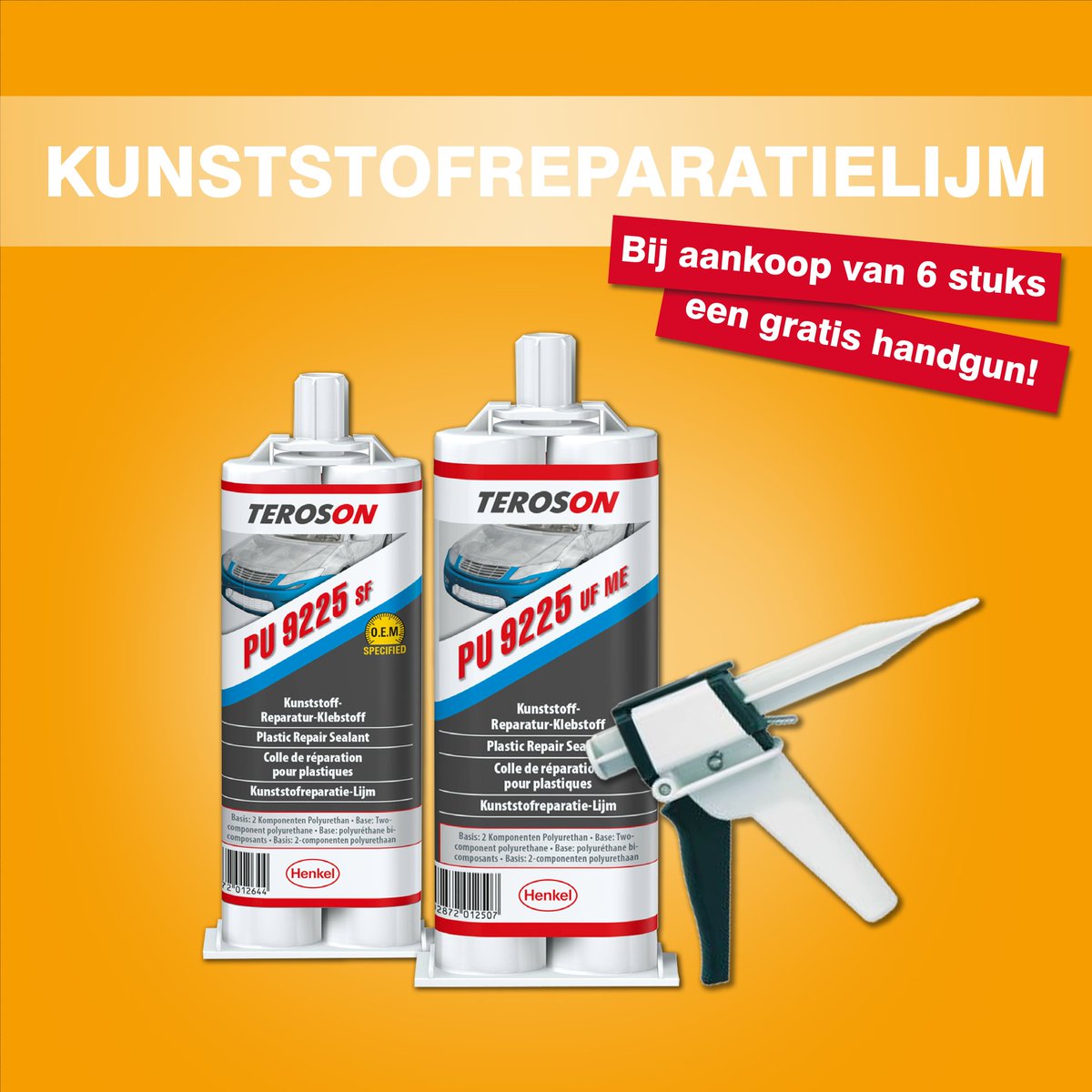 Heeft u kleine schades en/of reparaties? Dan zijn deze Teroson reparatielijmen de perfecte oplossing. Bij aankoop van Teroson PU 9225 SF of Teroson PU 9225 UF ME krijgt u tijdelijk een verwerkingspistool gratis. Ideaal voor het aanbrengen van deze lijmen. Geldig t/m 31 oktober!