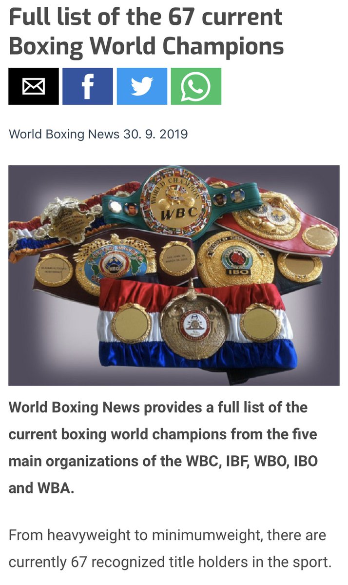 BoxingReform's tweet image. This headline points to one of the universally-reviled facts of modern #boxing, there are way too many “world champions”, approximately 3.9  per division (ignoring the infinite assortment of minor league titles)! This confuses fans &amp;amp; dilutes their purpose. worldboxingnews.net/2019/09/30/box…