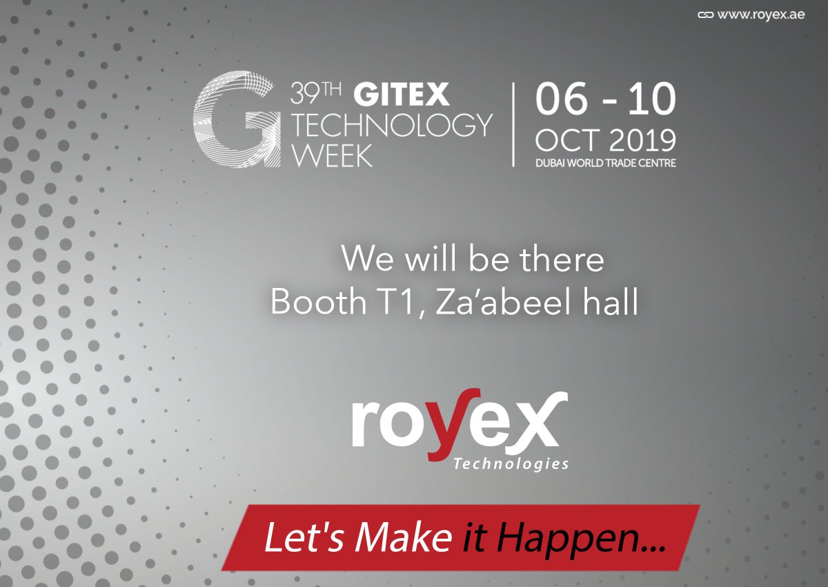 royexnet's tweet photo. Mark your calendar & save the date : 6-10 October,2019. Come & meet us at stand no. T1, Za'abeel Hall in #Gitex_Technology_Week
#Royex #Dubai #UAE #mobileapps #ecommerce #webdesign #seo #dubaievent #teamroyex https://t.co/roYScXcIS1