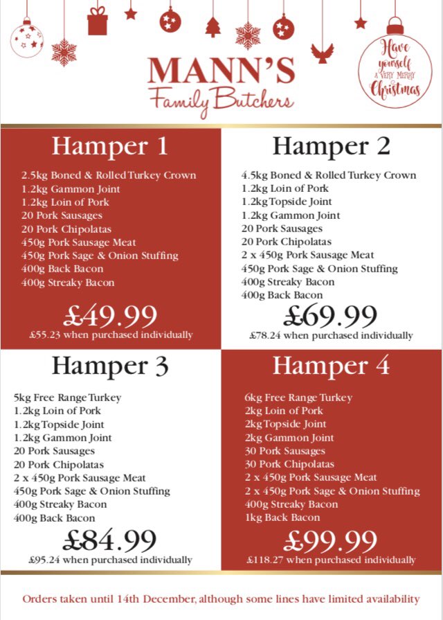 🎄Now taking Christmas orders🎄

Full price list and order form available in the shop. 

Manns family butchers, 336 Nacton road, Ipswich

Open Monday-Saturday 8am-5:30pm