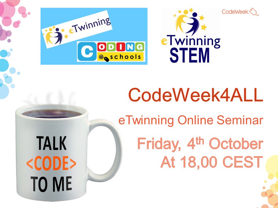 rafaelmb_1's tweet image. #teachers It's @CodeWeekEU time! The Coding@Schools and the #STEM STEM @eTwinningEurope partner to deliver a webinar #CODEWEEK4ALL  Join us on friday 4th October at 18.00 CEST Questions on CodeWeek? Post them  with your name and country here tricider.com/brainstorming/…