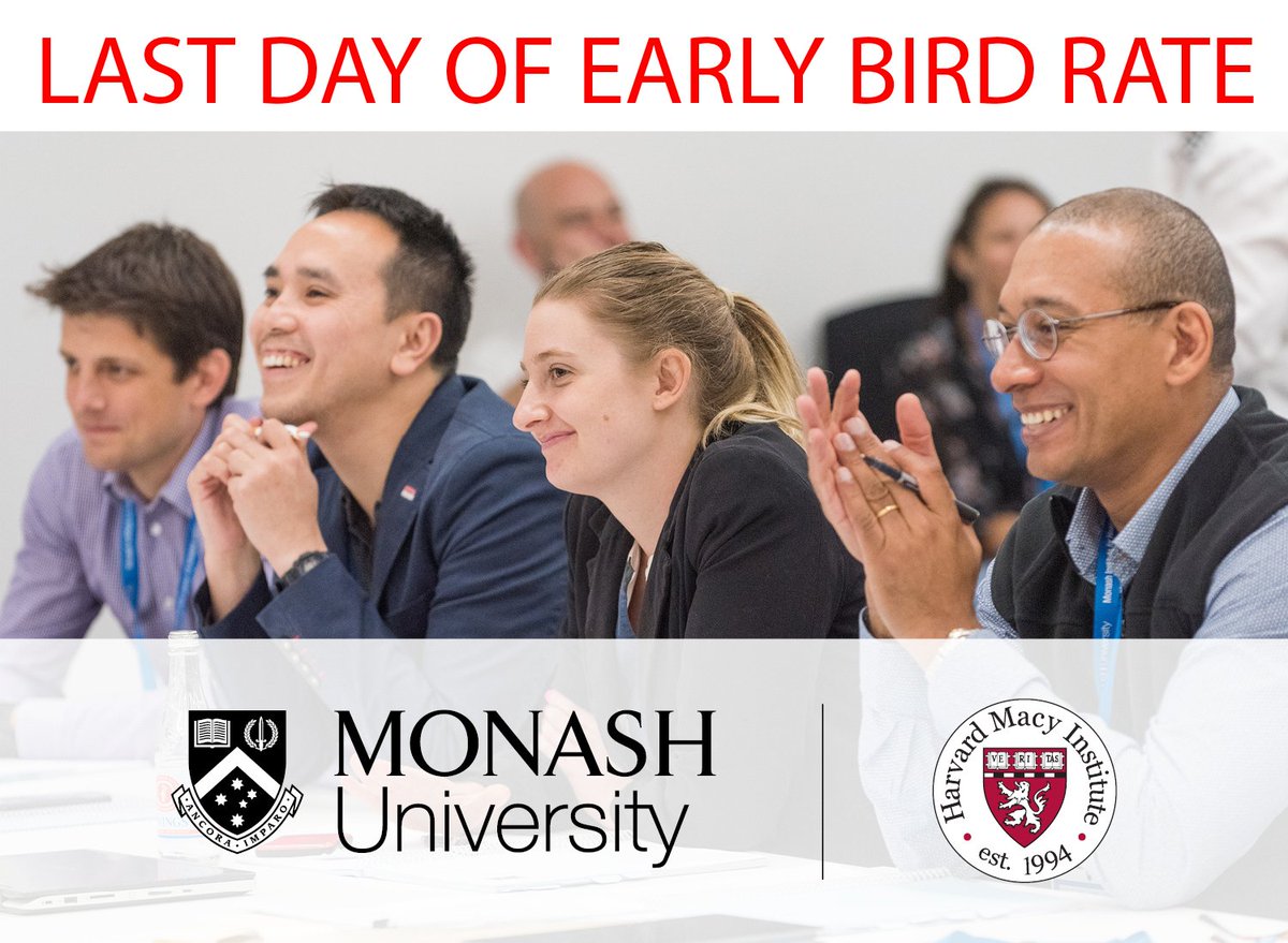 Monash_MIHCE's tweet photo. EARLY BIRD RATES END TODAY
@MonashUni and @HarvardMacy are delivering a five-day course in Melbourne, Australia, 10-14 February 2020.

Want to make a difference?
Apply now for Leadership and Innovation in Health 2020!

https://t.co/b6QOM1Jno0 #meded #healthcare #CPD #PACE https://t.co/lrb22hjTcz