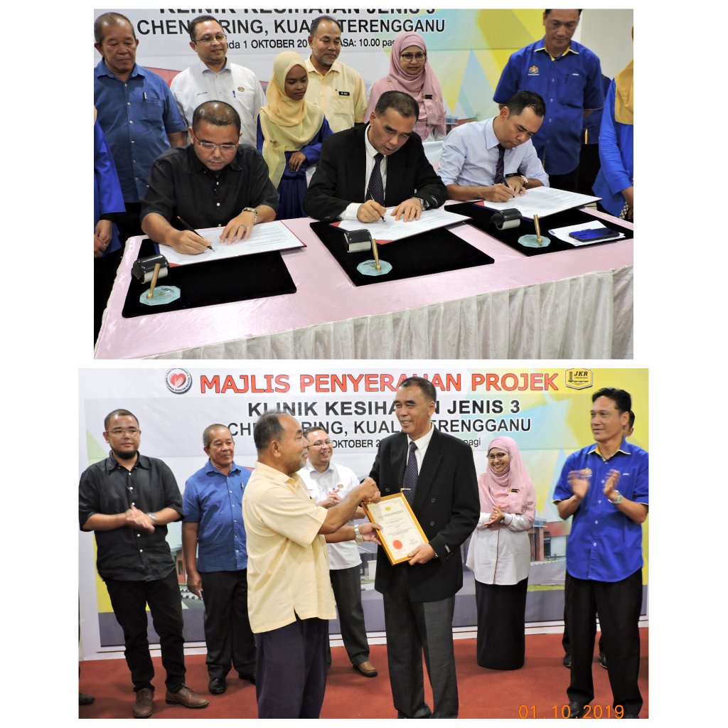 Majlis penyerahan projek membina KK3 Chendering Kuala Terengganu, dimana projek ini adalah jenis KK3 TEJA CR yg pertama di Malaysia siap tanpa EOT dan awal 3hari siap dari tempoh sebenar termasuk 3in1. <a href="/TeamProjekTrg/">PasukanProjekTrg</a> <a href="/JKRTerengganu/">JKR Terengganu</a> @kpkrjkr <a href="/yusufghani200/">تذكرة</a> <a href="/MdzaidAli_/">Md Zaid Ali</a>  #KKM #JKR