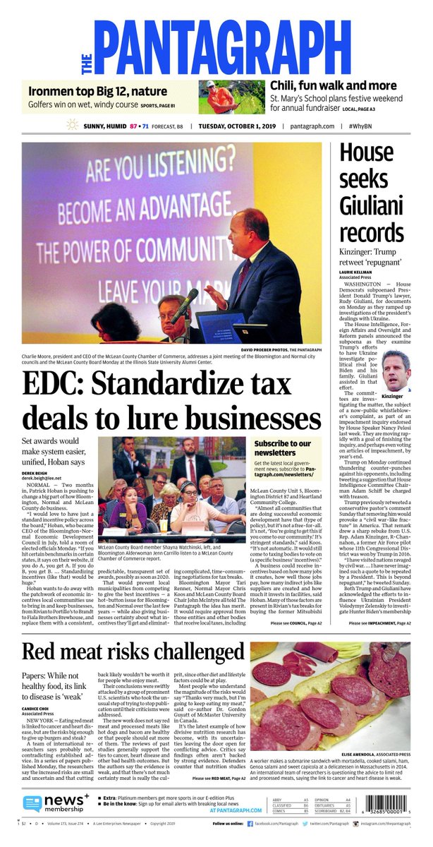 Pantagraph's tweet photo. Bloomington-Normal Economic Development Council CEO Patrick Hoban wants to do away with the patchwork of economic incentives local communities offer businesses and replace them with a consistent, transparent set of awards.
Tuesday's @Pantagraph → https://t.co/8WPXgjFWtR https://t.co/vCxt522s45