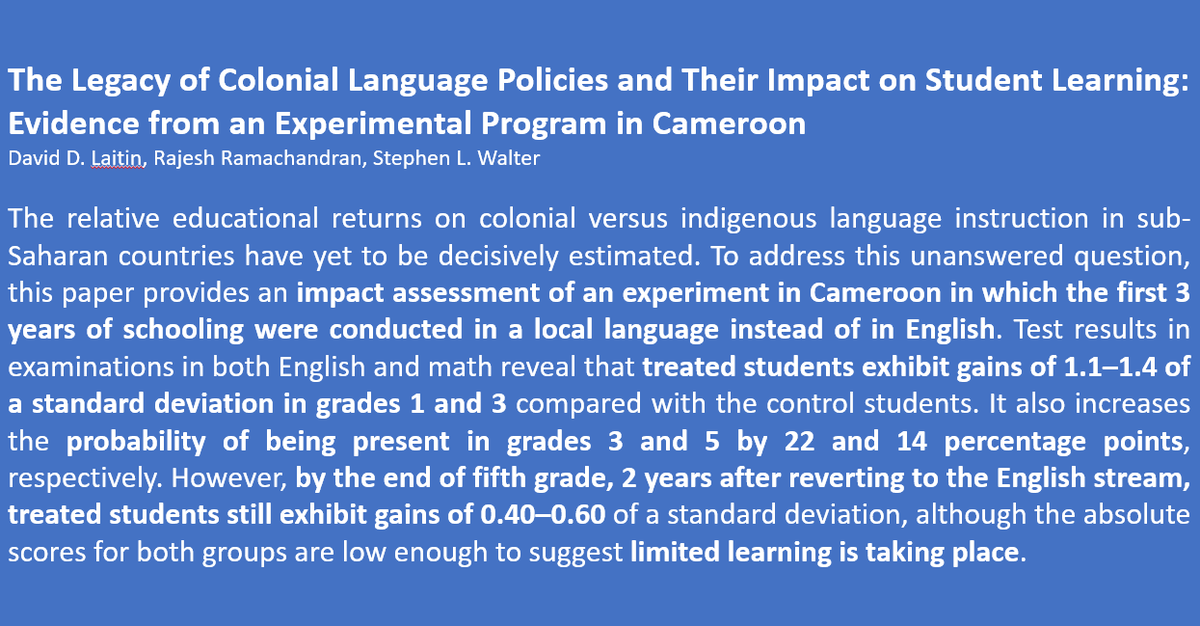 DaveEvansPhD's tweet photo. Teaching children to read in their local language rather than in English increased their subsequent test scores in English and math.

Published: https://t.co/volrbyEzYk

Open-access working paper: https://t.co/hx6F66UHPn

Evidence from #Cameroon by Laitin, Ramachandran, &amp; Walter https://t.co/mgntMN0Ao4