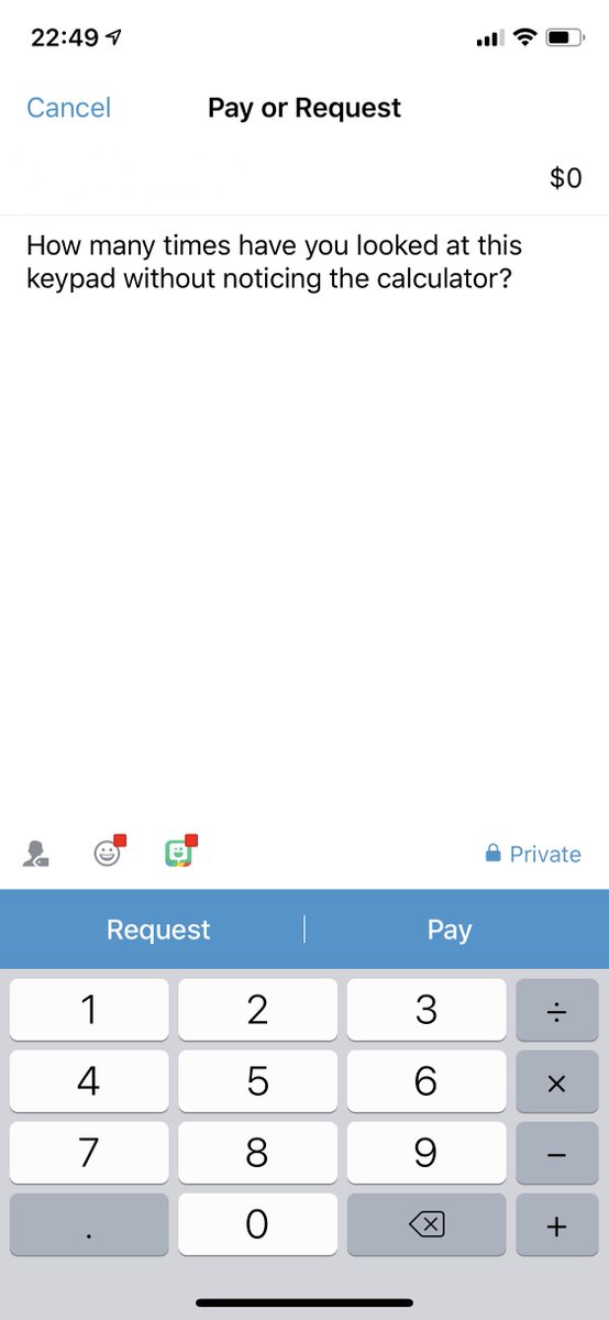 Venmo iOS app's interface for sending a payment. The payment description reads "How many times have you looked at this keypad without noticing the calculator?" The keyboard has a standard numeric keypad with white keys. To the right of the keypad are grey keys with the four standard calculator functions (addition, subtraction, multiplication, division).