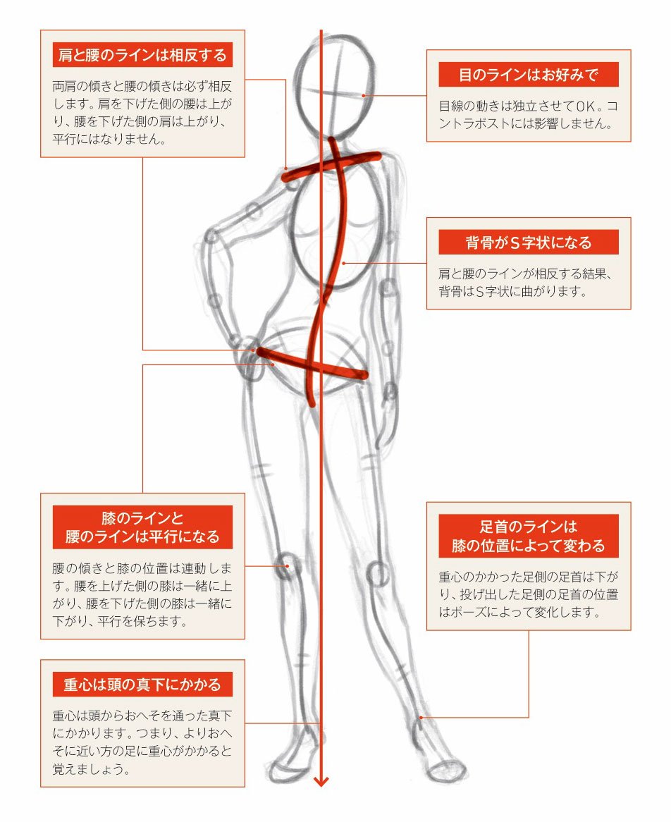 玄光社 超描けるシリーズ 超描ネタ帳 人体を美しく見せるポージング コントラポスト 背骨はs字状 肩と腰のラインは平行にしない 重心は頭の真下 決めポーズを描く時は こちらの基本を押さえましょう 動きのあるポーズの描き方 女性