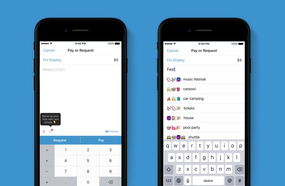 Venmo product screenshot featuring two stylized mockups of iPhones running the Venmo app. On the left is the same payments interface, but the keypad design is flat with no separation or drop shadows between buttons.
