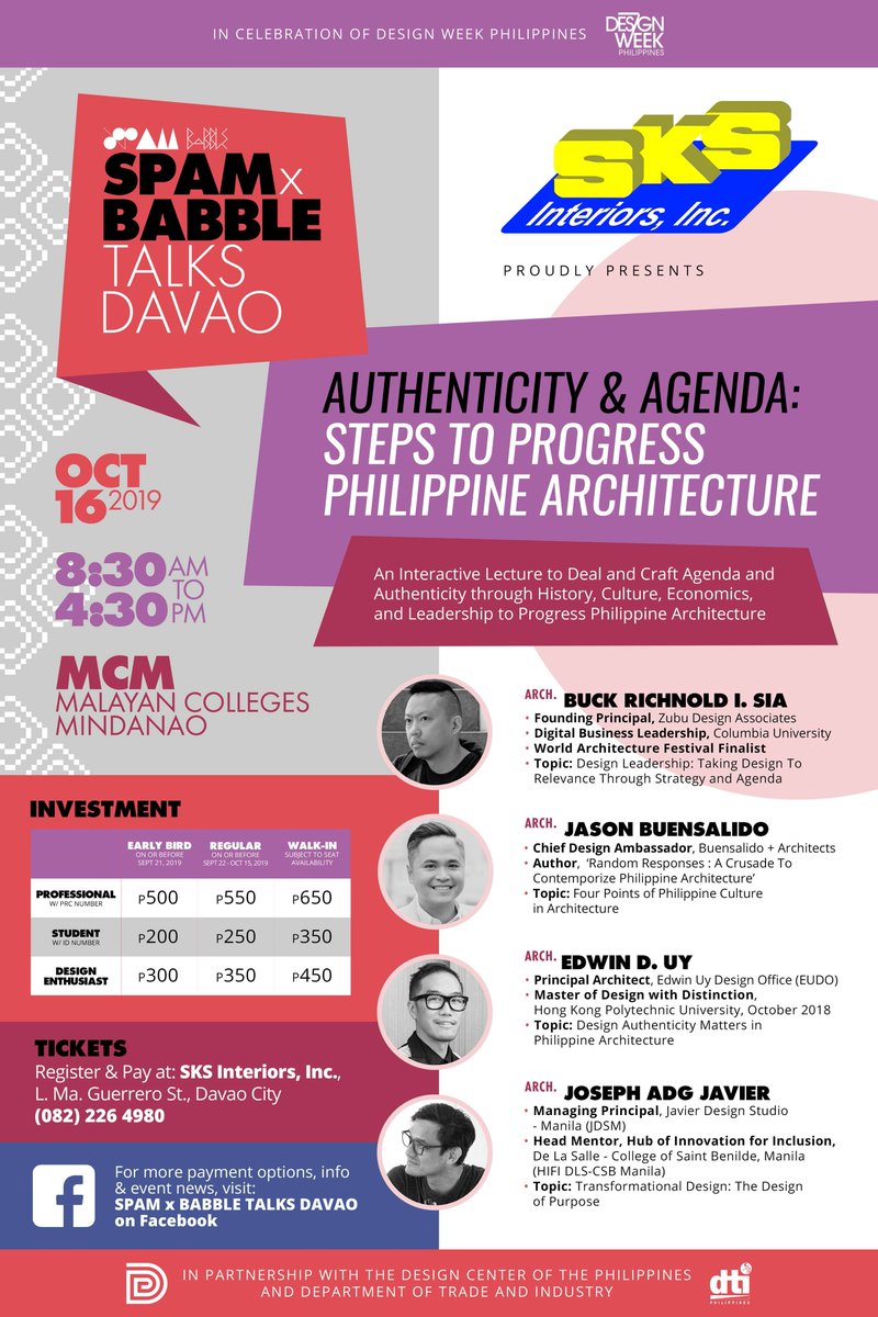 SKSInt's tweet image. WE are now a PARTNER EVENT of the Department of Trade and Industry&apos;s DESIGN WEEK PHILIPPINES celebration this October 12-20, 2019!

Learn more about Philippine design at buff.ly/2nnMkEP

#spamxbabbletalksdavao2019
#sksinteriors
#authenticityandagenda
#designweekphilippine