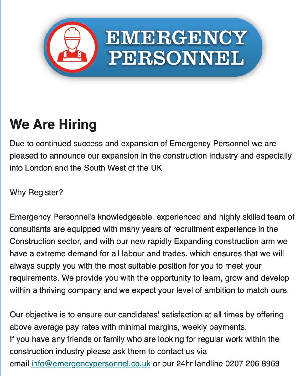 EPWorkforce's tweet photo. Emergency Personnel are pleased to say due to continued success in the marketplace we are not recruiting for staff in London and the Southwest to meet our clients strong demands for #surveyors #architecturaltechnicians as well as  #carpenters  #groundworkers and #plantoperators. https://t.co/Q2IylQWTk0