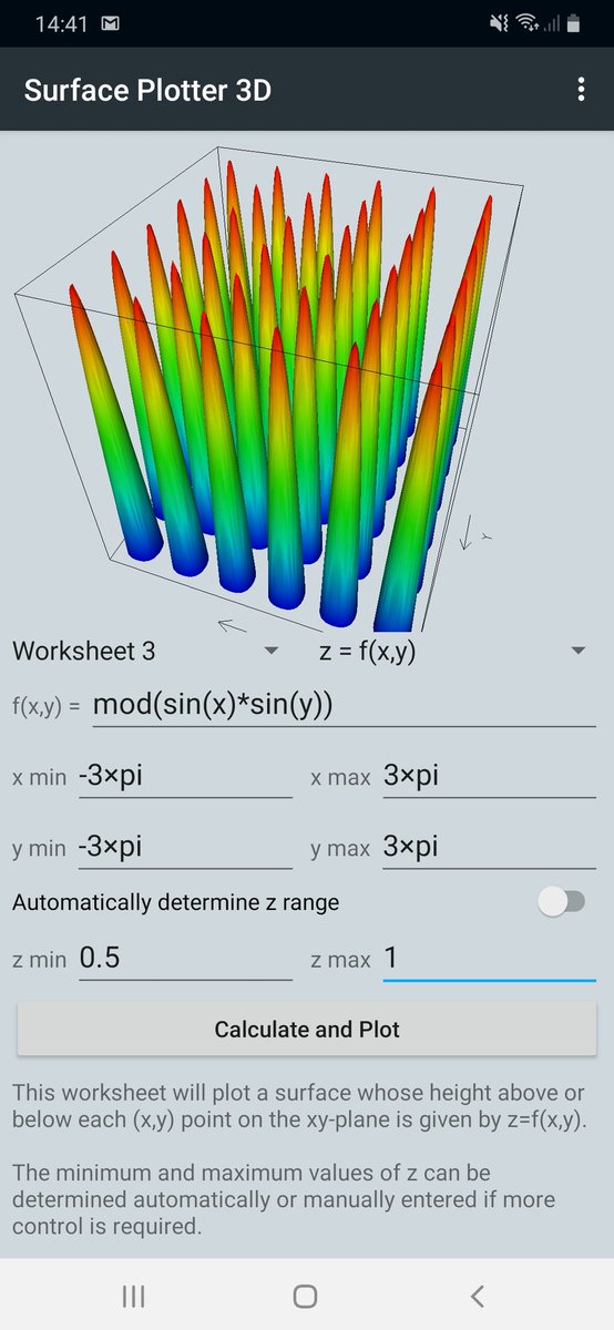 jajae_me's tweet photo. Please try me...
I'm a new #Android app called Surface Plotter 3D.

I live here:
https://t.co/GkkQtYfYLo

I spin beautiful surface plots in 3D 😀

#maths @OUMathsStats #mathsdegree #education #stem #science #physics #opengl #complexnumbers #complexanalysis #math #Graphics #plot https://t.co/f00LRmghL2