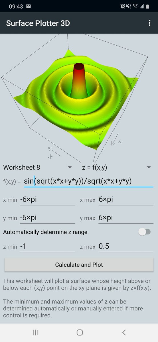 jajae_me's tweet photo. Please try me...
I'm a new #Android app called Surface Plotter 3D.

I live here:
https://t.co/GkkQtYfYLo

I spin beautiful surface plots in 3D 😀

#maths @OUMathsStats #mathsdegree #education #stem #science #physics #opengl #complexnumbers #complexanalysis #math #Graphics #plot https://t.co/f00LRmghL2