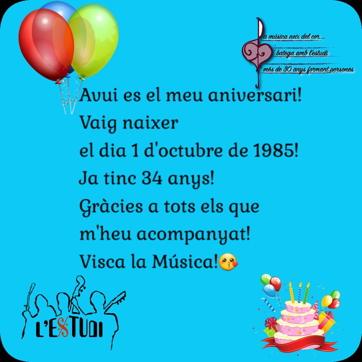 Avui es el meu aniversari!! Ja tinc 34 anys!! @TGNcultura @tarragonajove @tarragonaradio @tac12_tv @EscolaJoan23 @carmelitestgn @cotarraconense @circdelacultura #tarragonacultura #estudidemusica #ensenyament