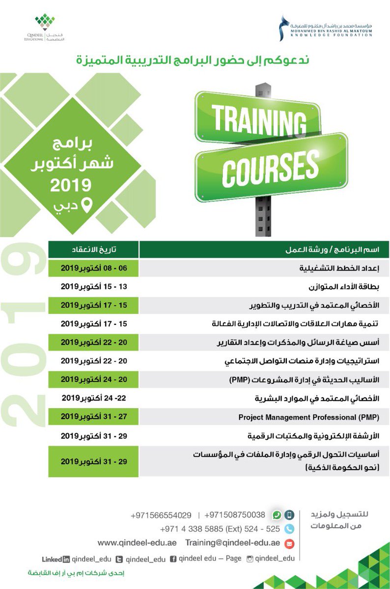 جدول البرامج التدريبية لشهر أكتوبر.
لمزيد من التفاصيل، يرجى التواصل على:
971566554029+
Training@qindeel-edu.ae#قنديل_التعليمية 
#مؤسسة_محمد_بن_راشد_للمعرفة  #دورات_تدريبية #أبوظبي #الإمارات #دبي #عام_التسامح
#التميز_المؤسسي #العمل_الحكومي