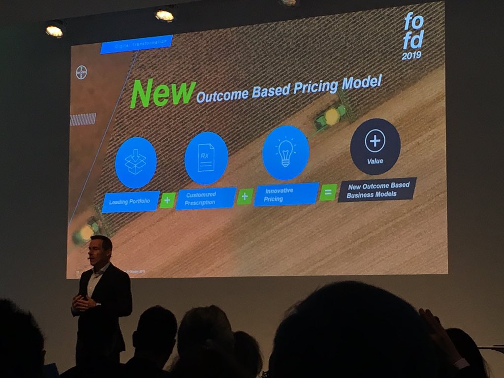 Emily_Unglesbee's tweet photo. Liam Condon of @Bayer discusses the Outcome Based Pricing Model — where the company guarantees a certain yield and farmers pay more or less depending on if they reach it. Says industry will move to this in the future and Bayer is testing it in the US now. #BayerFutureFarming https://t.co/GEFJ9cAVpr