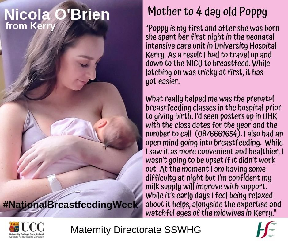 NMPDUCorkKerry's tweet photo. Oct 1-7 National Breastfeeding Week! Hear from Nicola O'Brien, mother to newborn Poppy in Kerry on the help she received on her breastfeeding journey in #UHK. More on breastfeeding support here https://t.co/238OcgluTD #Nationalbreastfeedingweek @HrSswhg @nmfeely @NurMidONMSD https://t.co/tn0bypTwkY