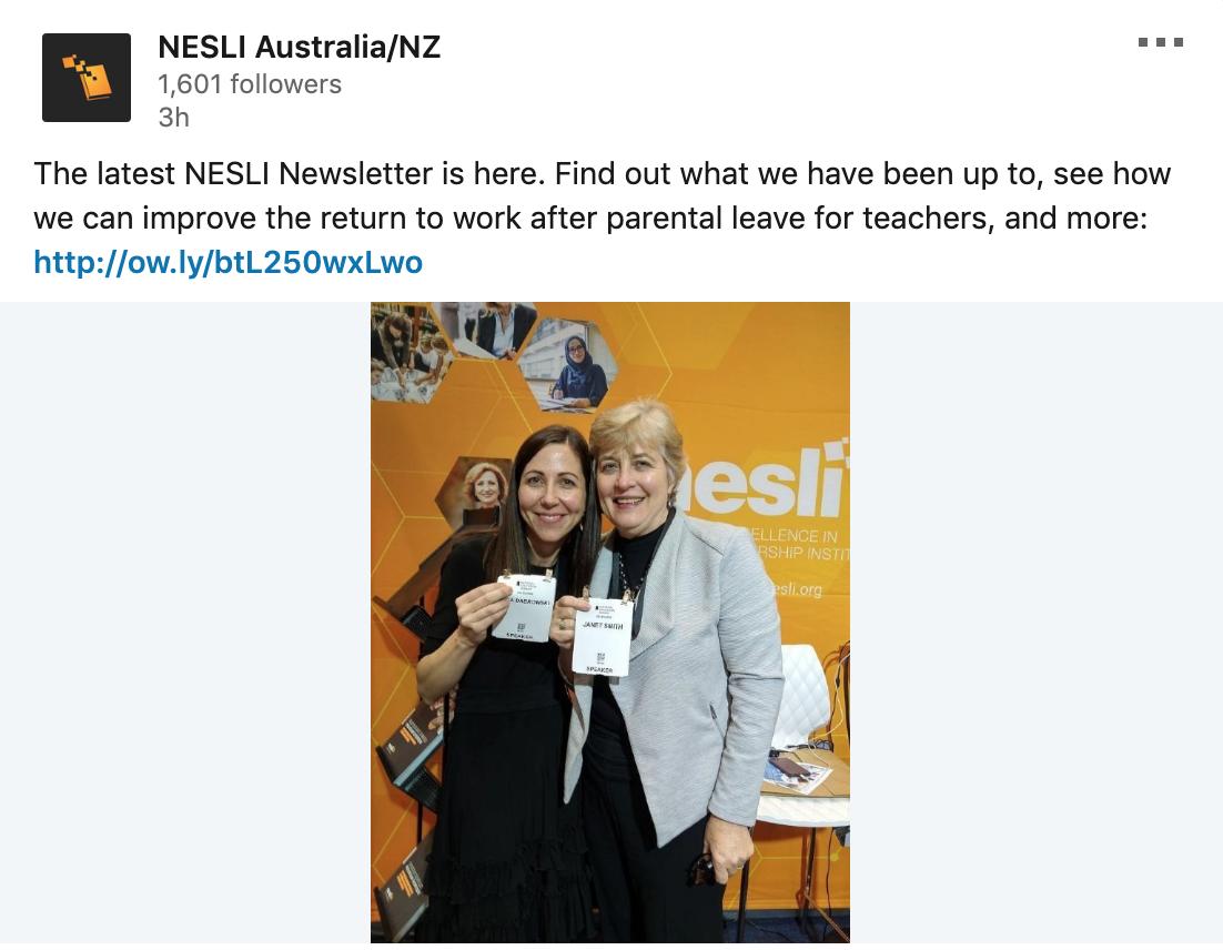 TaniaJames's tweet photo. Thank you NESLI for featuring me in your newsletter. I'm hopeful this wider audience will assist policy makers to rethink their approaches to maternity leave &amp; start some great conversations. @CEWAleaderdev @CAPA_WA  https://t.co/wVwr4xOip0 #CAPAWA #EdLeadersAu #LeadershipEdu https://t.co/qQavjcpQT9