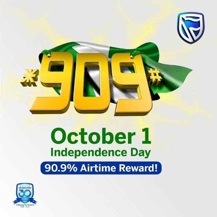 Celebrate Independence Day in style, buy airtime with *909# and get 90.9% bonus airtime between 9.09 - 9.39 am and pm. Please note that bonus airtime will be received within 24 hours. 

#HiFL2019 #HiFLStanbicIBTC