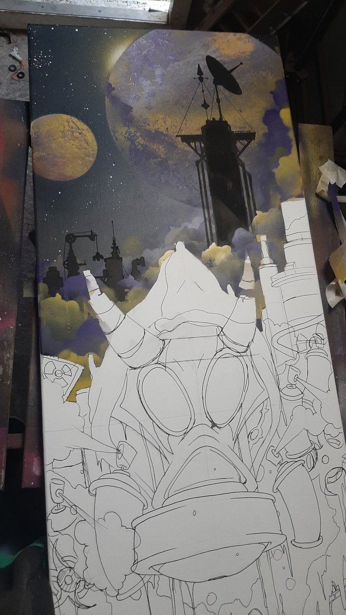 Blipartist's tweet photo. More progress! Second layer of clouds.. gonna let it dry and heal before the... "NEXT STEP!!" MUWHAHAHA #art #traditional #spraypaint #montana #gold #poison #graffiti #cartoon #skid #spacepaint #workinprogress #wip #gasmask #blip https://t.co/tgWq3RHka5