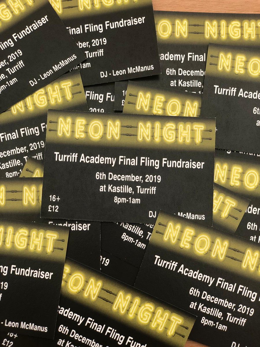 NEON NIGHT AT THE KASTILLE,TURRIFF📍
6th December 2019
8pm-1am 
Turriff Final Fling 2020 Fundraiser 
DJ- Leon Mcmanus 
Ticket -£12 
Dress code - NEON
For Tickets Please Message
STRICTLY OVER 16S
YOUNG SCOT CARDS ARE NOT ALLOWED 
PASSPORTS , PROVISIONALS AND DRIVING LICENSES ONLY