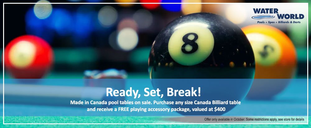 h20world's tweet photo. Ready, Set, Break! Made in Canada pool tables on sale. Purchase any size Canada Billiard table and receive a FREE playing accessory package, valued at $400?
https://t.co/zrwP3sR4Ws https://t.co/E7qtahw9rq