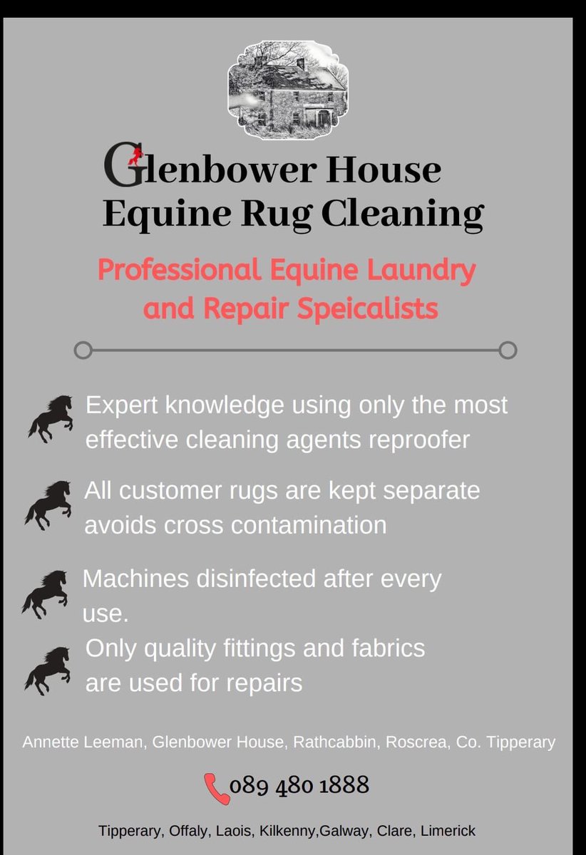 Todays featured business is Glenbower House Equine Rug Cleaning.  Annette offers a first class equine rug cleaning and repair service alongside a leather repair service.  All customer rugs are kept separate to avoid cross-contamination
facebook.com/glenbowerhouse…