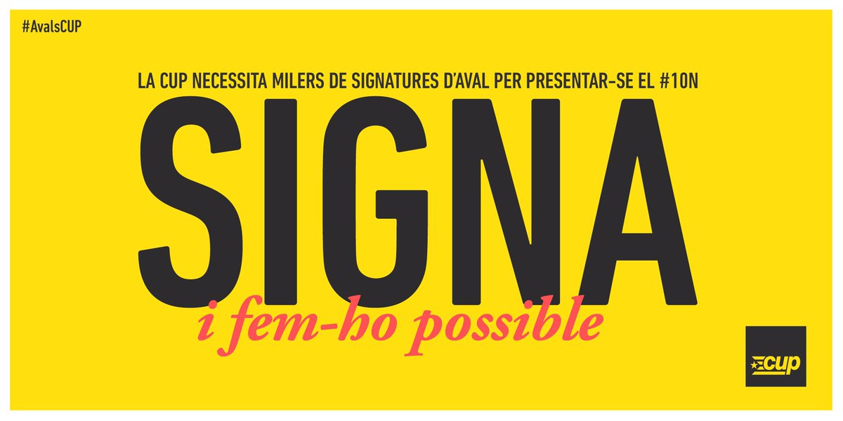 Necessitem milers de signatures #AvalsCUP pel #10N 

🗣Comenta-ho a totes les teves amigues, companyes, família! 

🚶🏽‍♀️Apropa't al teu casal, bar, o punt de recollida d’avals 

🖊Signa i fem-ho possible!
