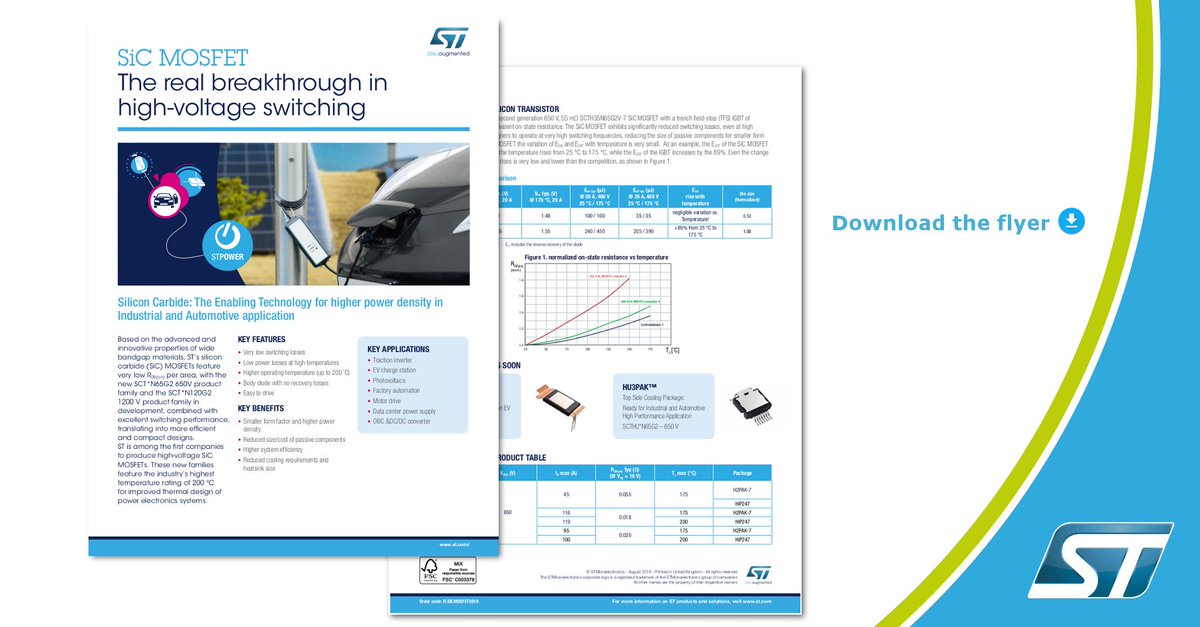 ST_World's tweet photo. ST's #siliconcarbide (SiC) MOSFETs feature very low RDS(on) per area, combined with excellent switching performance, translating into more efficient &amp; compact designs. Download flyer. https://t.co/WqZgq5GQnI   #powertransistors https://t.co/UOYZIOg3za