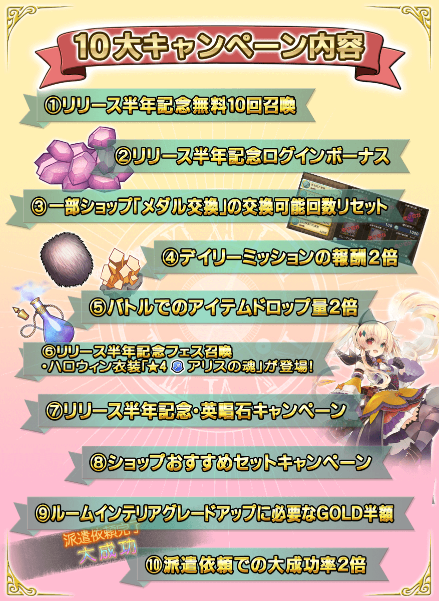 グリムエコーズ公式 リリース半年記念 10大キャンペーン開催中 記念フェス召喚では ハロウィン衣装のアリスが新登場 更に無料10回召喚や記念ログインボーナスなど ゲーム内キャンペーンが目白押しです その他 ヒーロークエストも新たに追加 グリムエコーズ公式 リリース半年記念 10大キャンペーン開催中 記念フェス召喚では ハロウィン衣装のアリスが新登場 更に無料10回召喚や記念ログインボーナスなど ゲーム内キャンペーンが目白押しです その他 ヒーロークエストも新たに追加