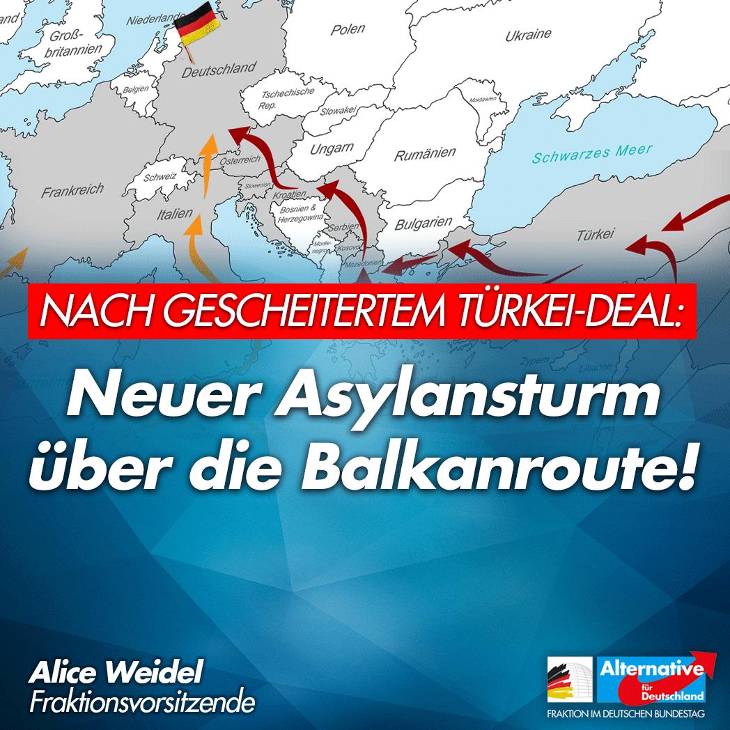 Alice_Weidel's tweet photo. Statt sich auf die Zurückweisung der absehbaren Migrationswelle über die Balkanroute vorzubereiten, will #Seehofer die Bürger einmal mehr mit Symbolpolitik beschwichtigen. Die Lage in #Griechenland und auf der Balkanroute verlangt sofortige und lückenlose Grenzschließung! #AfD https://t.co/Zvovc60KRo