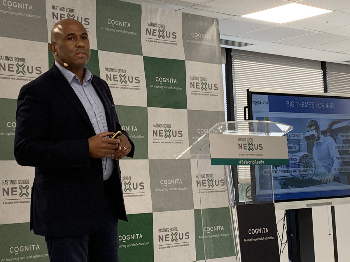At launch of new <a href="/Hastings_School/">Hastings School</a> Nexus campus Derek Browne speaks to pupils, parents and staff about the impact of the 4th industrial revolution. Young people have a big advantage over adults in getting to grips with AI, big data etc . Thought provoking stuff. #CognitaWay