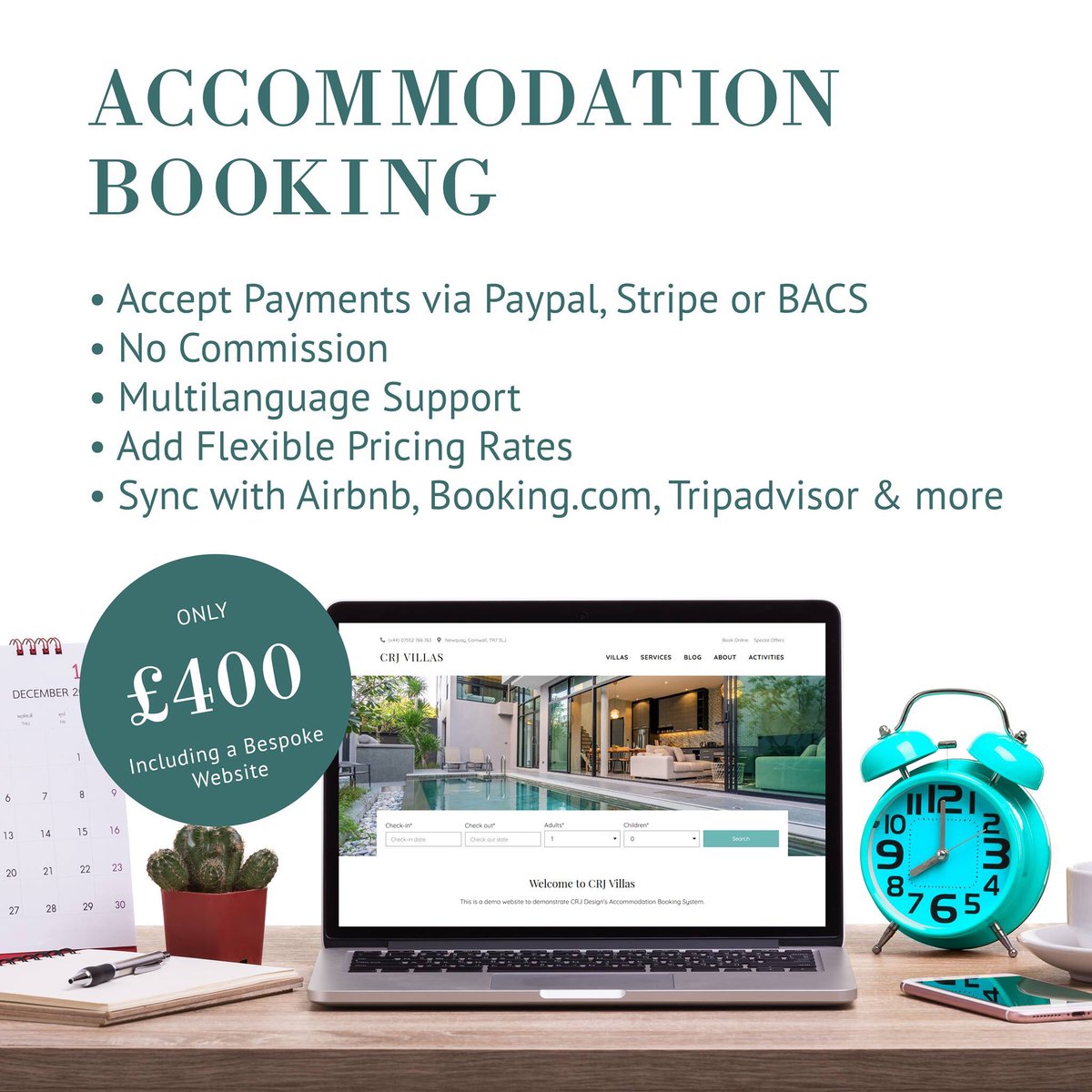 CRJ_Design's tweet image. 🗓️ Do you have a #Hotel, B&amp;amp;B, or #HolidayLet? We&apos;re now able to offer a powerful accommodation booking system with our websites so you can take bookings online - with no commission or monthly fees! Get in touch for more information. #Newquay #Cornwall
