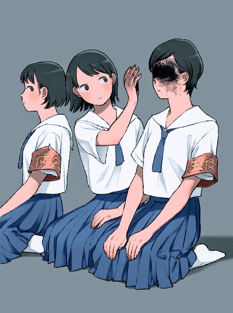 3girls multiple girls skirt short hair black hair armband shirt  illustration images
