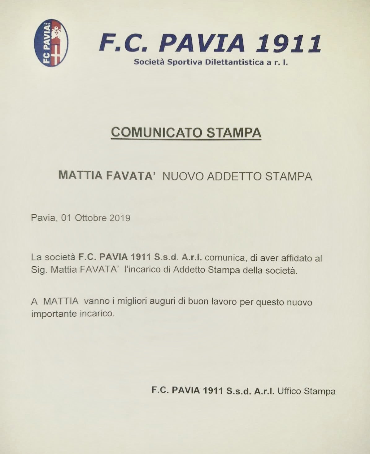 Mattia Favata Sono Orgoglioso Di Poter Annunciare Il Mio Nuovo Impiego Come Addetto Stampa Del Pavia Calcio 1911 Addettostampa Paviacalcio T Co Bkfryskno7