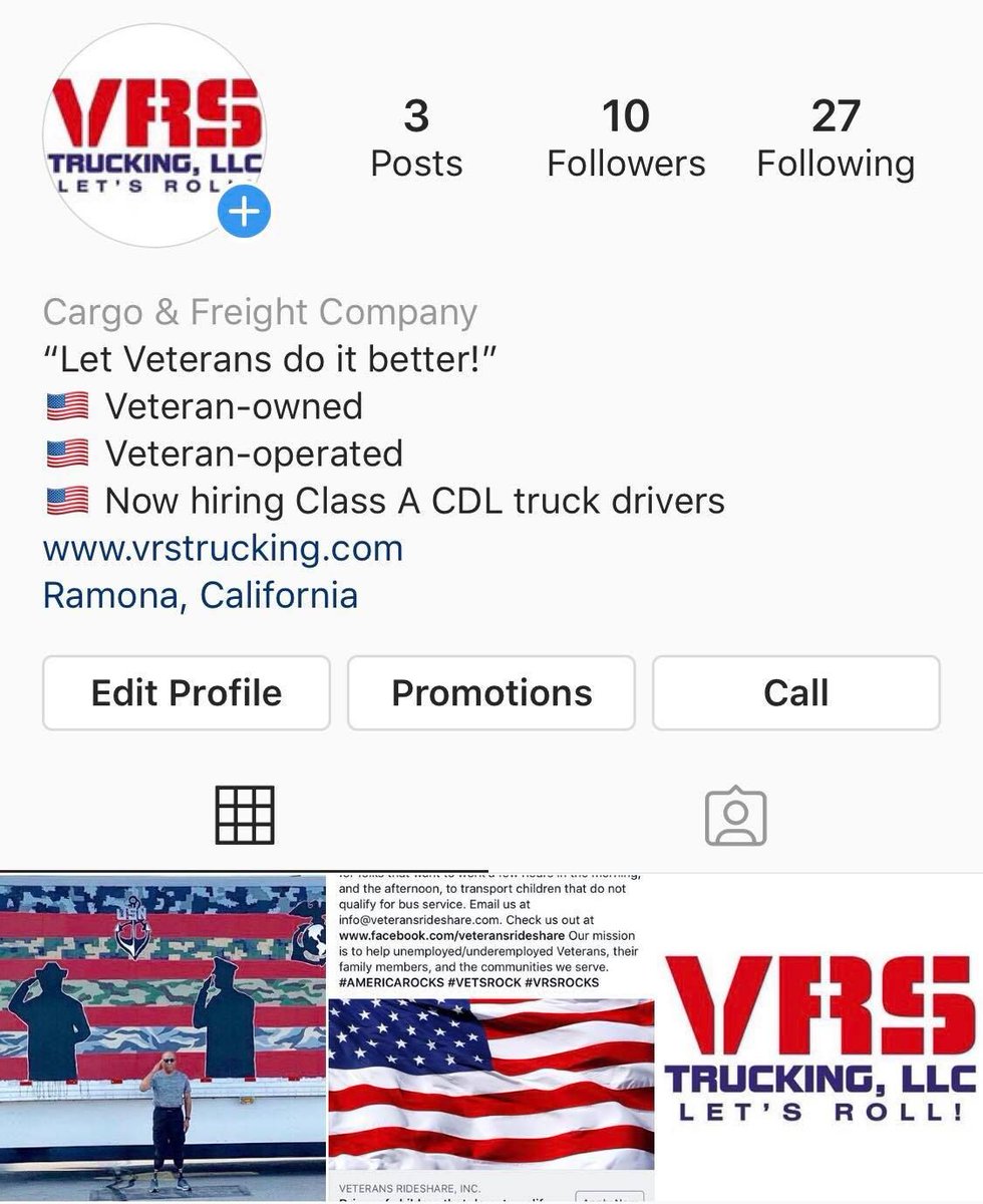 HELP US INCREASE OUR NUMBERS! VRS Trucking is on Instagram and we have our first 10 followers! Give us a follow! Thank you for always supporting our mission.
👉 Click here: buff.ly/2mV6B3U
#followus #supportourveterans #jobsfortruckers #trucking #cdl #nowhiringtruckers