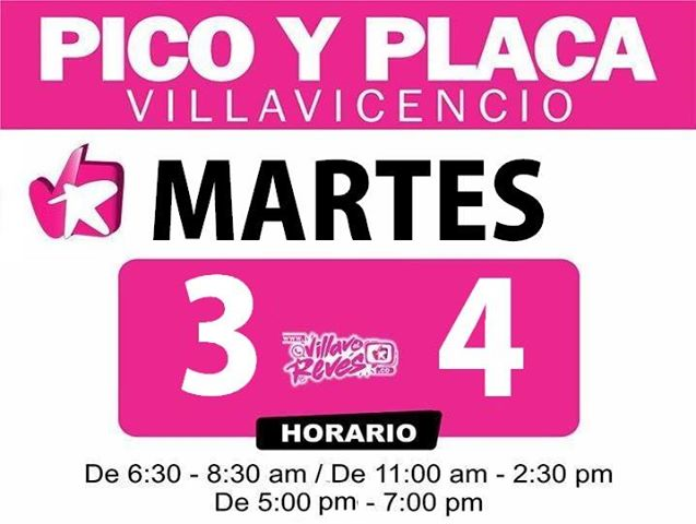 Villavoalreves's tweet photo. #PicoyPlaca para hoy #Martes en #Villavicencio #3y4 #VillavoAlreves
Horarios
-6:30 am - 8:30 am
- 11:00 am - 2:30 pm
-5:00 pm - 7:00 pm https://t.co/aHGmd33fEu