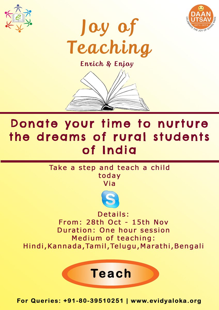 Joy of Teaching is to encourage the culture of spreading knowledge from Individuals & Institutions alike.... This is a great opportunity for all to show and enjoy this social engagement
Daan Utsav - Joy of Giving Week
#eVidyaloka #joyofgiving #eveans #TRIO #joyofteaching