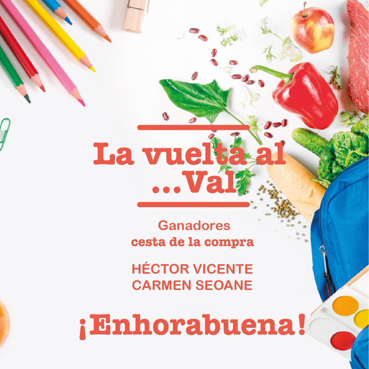 ¡Ya tenemos ganadores de nuestra promoción La vuelta al Val! Estos son los dos vencedores 👏
🔸Héctor Vicente
🔸Carmen Seoane
¡Os esperamos en el Mercado del Val para que podáis realizar vuestra compra gratuit de productos del mercado! ¡Gracias a todos los participantes! 😊