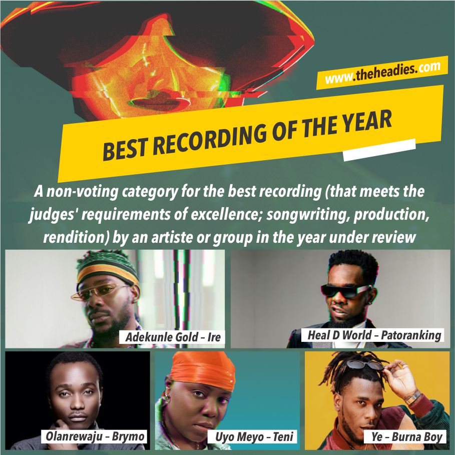 #13thHeadies Nominees for

 BEST RECORDING OF THE YEAR 
<a href="/adekunleGOLD/">BIG FISH</a> - IRE
<a href="/patorankingfire/">PATORANKING</a> - Heal The World
@BrymOlawale - Olarewaju 
<a href="/TeniEntertainer/">OBA ORIN THE REAL IDAN</a> - Uyo Meyo
<a href="/burnaboy/">Burna Boy</a> - Ye 

Watch out for the other categories!