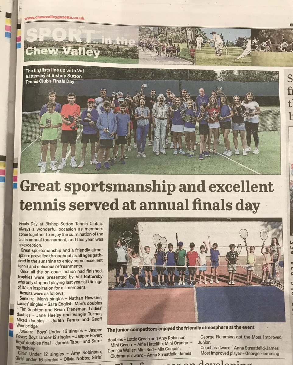Thank you <a href="/ChewGazette/">Chew Valley Gazette</a> for this article in Octobers paper. Well done to all the finalists! A great day to end the summer, but there is lots of tennis to enjoy all year round, if interested please go to bishopsuttontennis.org.uk
@AvonLTA #chewvalley