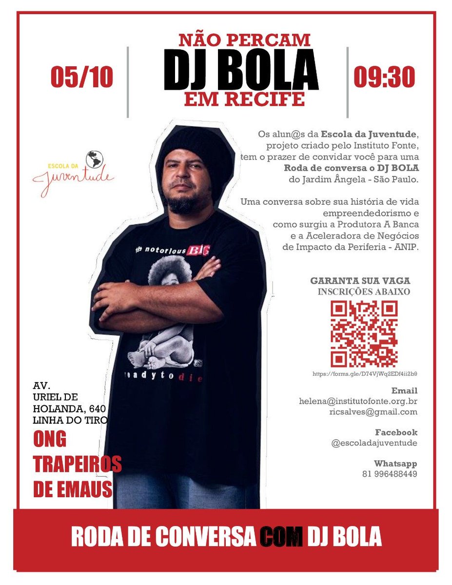 #escoladajuventude convida o pessoal de Recife para a Roda de Conversa com o DJ BOLA 

GARANTA JÁ SUA VAGA
Inscrições no link: forms.gle/D74VjWq2EDf4ii…
#fonte20anos #institutofonte #empreendedorismojovememrecife