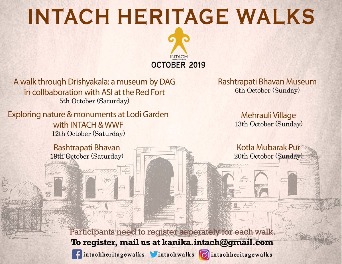 Walk with us this October! Check out our schdule of heritage walks for this month below. To register, drop us an email at kanika.intach@gmail.com Please note that the registration of all the walks are on first-come, first-served basis only #intachheritagewalks