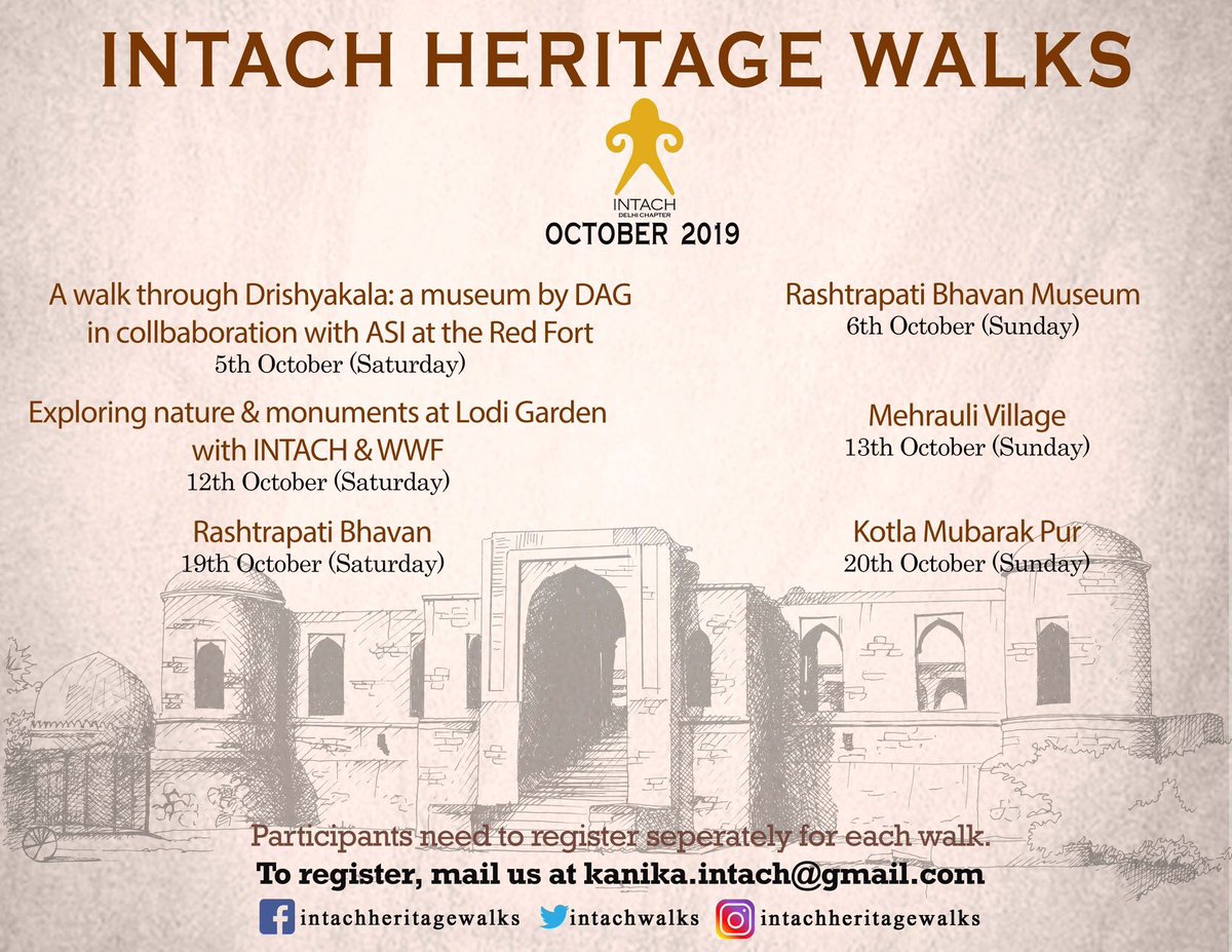 INTACH DELHI CHAPTER (@intachwalks) on Twitter photo Walk with us this October!
Check out our schdule of heritage walks for this month below.
To register, drop us an email at kanika.intach@gmail.com
Please note that the registration of all the walks are on first-come, first-served basis only
#intachheritagewalks Walk with us this October!
Check out our schdule of heritage walks for this month below.
To register, drop us an email at kanika.intach@gmail.com
Please note that the registration of all the walks are on first-come, first-served basis only
#intachheritagewalks