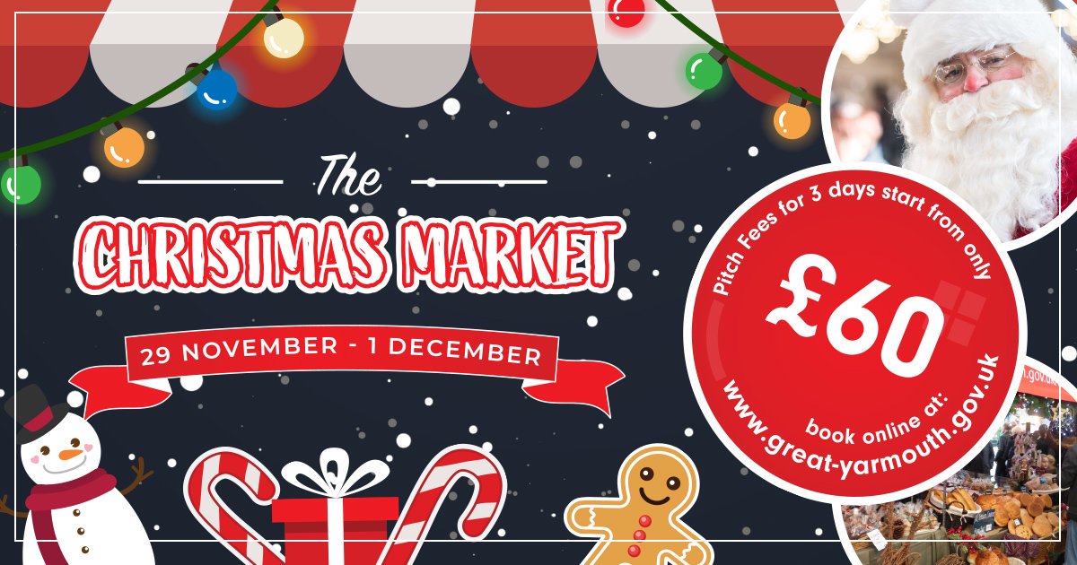 everything_gy's tweet photo. The Christmas Market in Great Yarmouth is looking for traders to attend their 3 day market from Fri 29 Nov to Sun 1 Dec. So if you or someone you know can offer a stall with fabulous food, cracking crafts or dazzling decorations, get in touch! https://t.co/0vUKdJU3WI https://t.co/ikQuEPcPFJ
