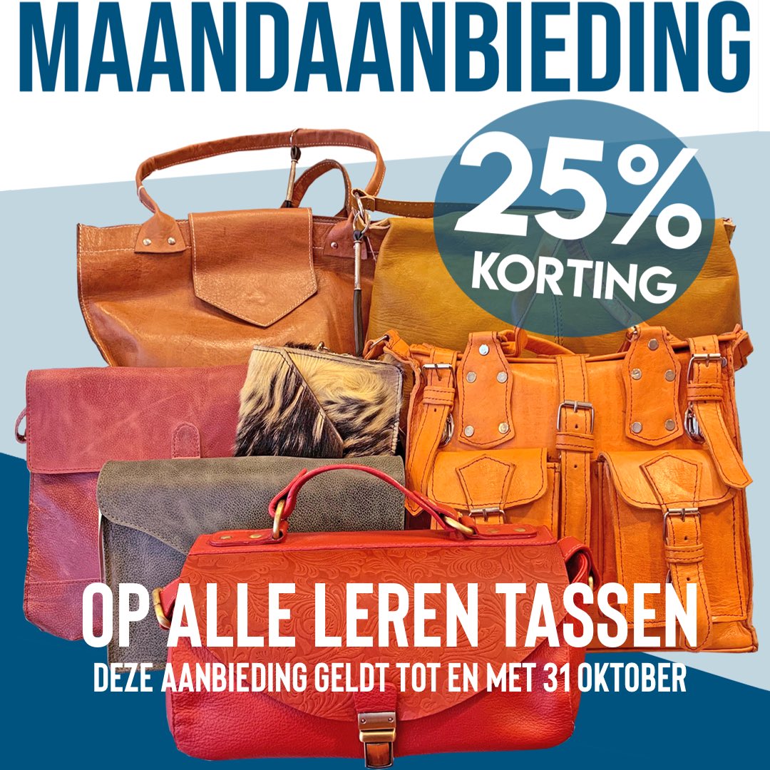 Alweer een nieuwe maand en dus een nieuwe aanbieding!
Tot en met 31 oktober krijg je 25% korting op al onze leren tassen.
#Wereldwinkel #Groningen #fairtrade #leer #tas #aanbieding #korting