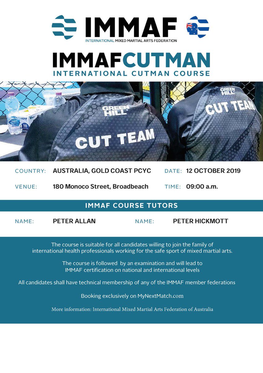 🇦🇺 The brand new IMMAF International Cutman Course is coming to Gold Coast, Australia on October 12th, which will be conducted by IMMAF course tutors Peter Allan and Peter Hickmott. 

Information coming soon 👉 IMMAF.org