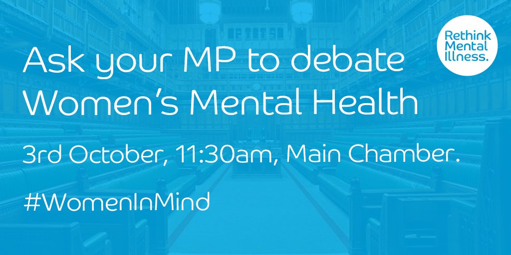 Rethink_'s tweet photo. On Thurs, MPs will debate women’s mental health in Parliament. Mental health problems among women have risen and young women are the most at risk for poor mental health. Ask your MP to attend and debate this important issue. https://t.co/MtPwIqIDzC #WomenInMind 
@Agenda_alliance https://t.co/YwbZFzjk0D