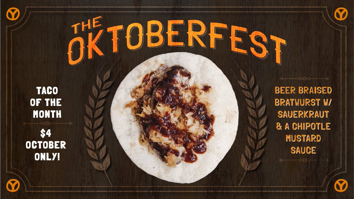Our Taco of the Month is 🍻The Oktoberfest!🍻 
A beer braised bratwurst topped with sauerkraut and a chipotle mustard sauce, lovingly served on a tortilla... Cuz you know....#TacoSpot