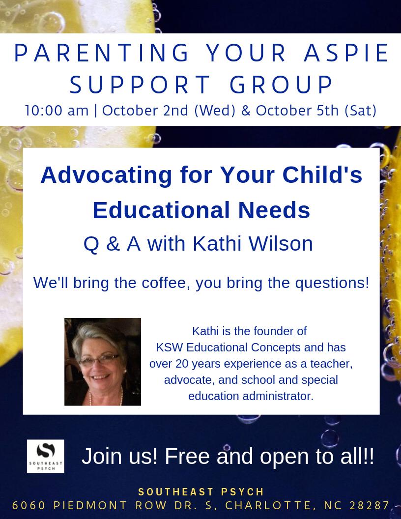 Join us for our FREE Parenting Your Aspie Support Group in our Southpark Office!