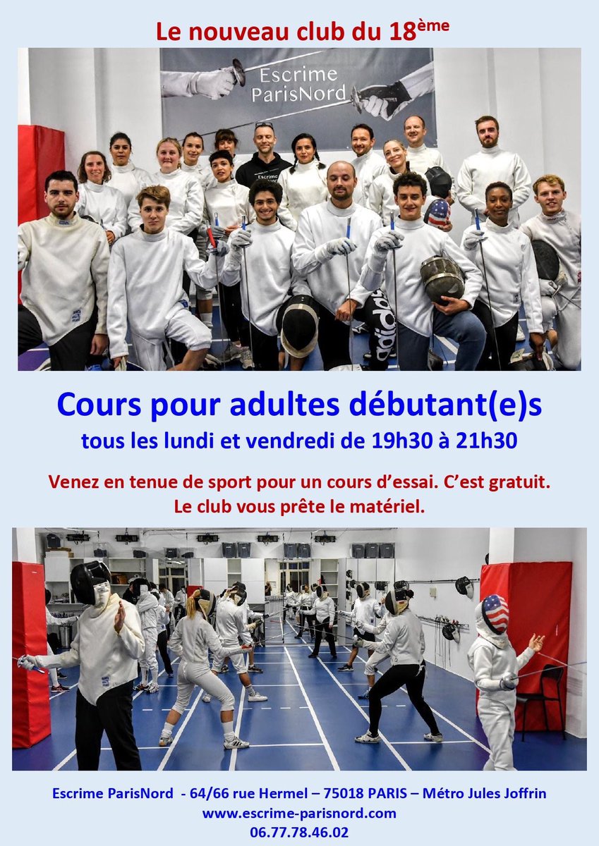 New #fencingclub @EscrimeNord of #paris18 @mairie18paris has beginner #adultclasses on #Mondays & #Fridays. #Free #trialclasses offered.

#escrime #fencing #sport #paris #coursadultes #sportpourtous  #montmartre #SentezVousSport #FemmesEnSport #EscrimeParisNord #loisir #loisirs